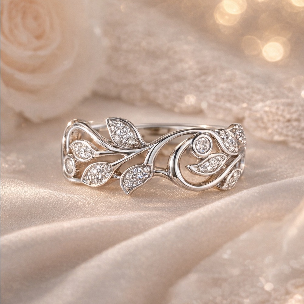 .925 Solid Sterling Silver Rhodium Plated CZ Leaf Openwork Design Band Ring 11